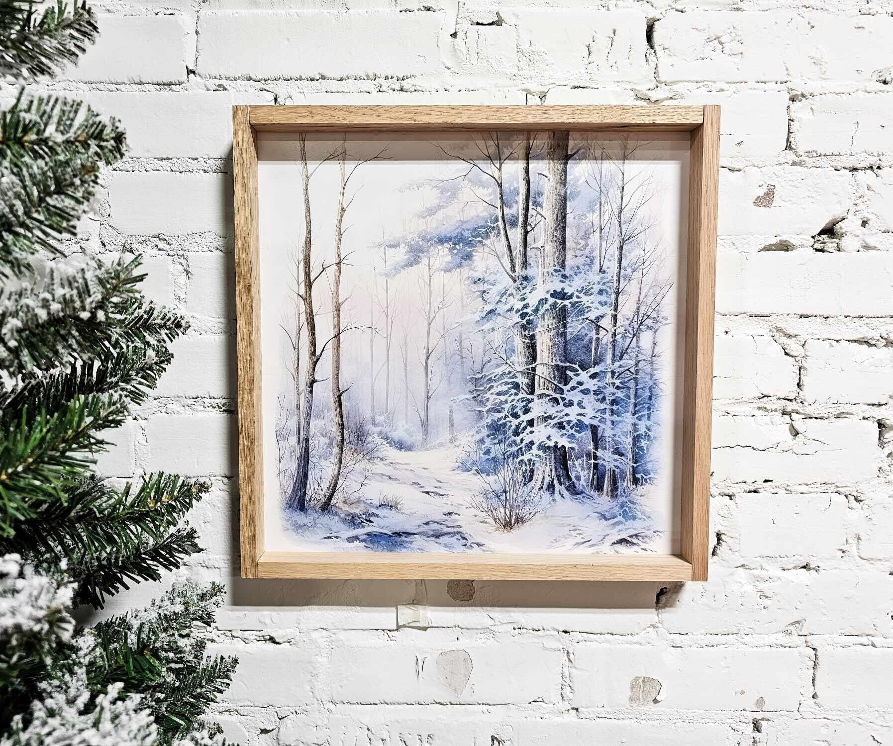 Snowy landscape, winter scene wall hanging, wood framed sign. snow draped trees & trail.