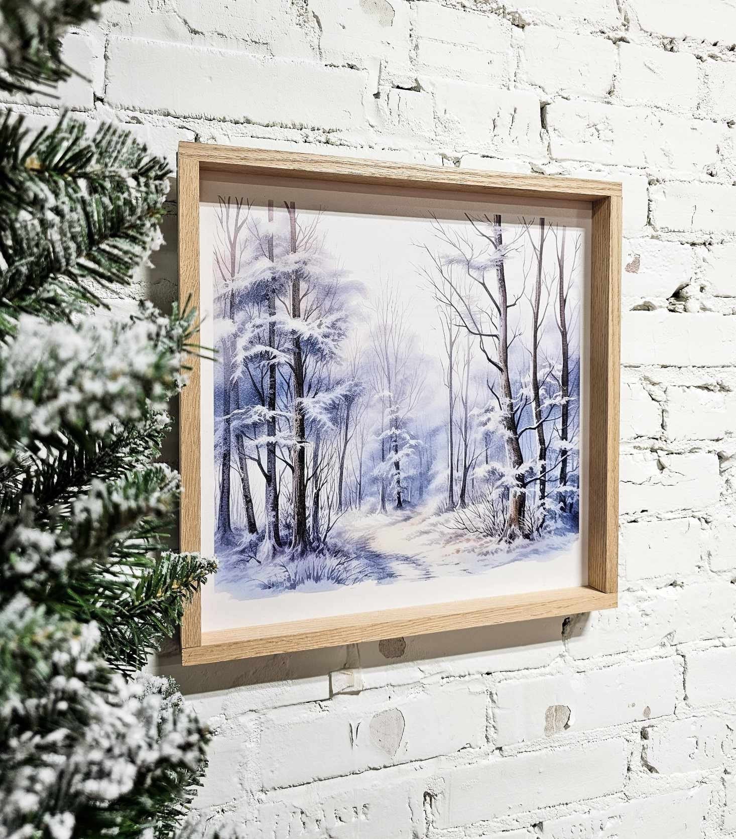 Snowy landscape, winter scene wall hanging, wood framed sign. snow draped trees & trail.