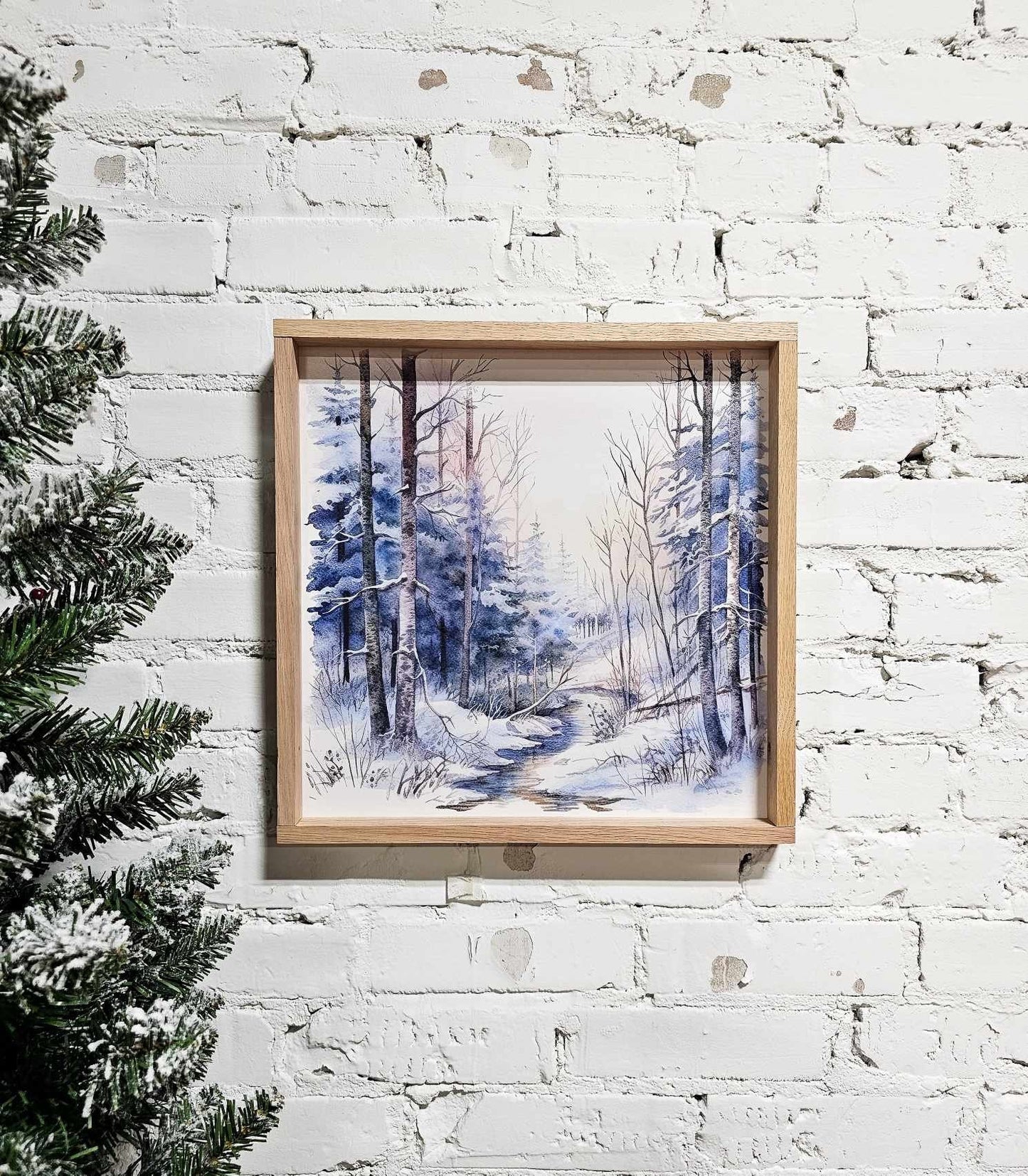 Winter Snowy Landscape Wall Art Hanging Sign, Snow Covered Trees, Trail, & Creek, Framed Canvas Wood Sign, Blue, Simple Minimal, Peaceful