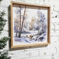 Winter Snowy Landscape Wall Art Hanging Sign, Snow Covered Trees, Trail, & Creek, Framed Canvas Wood Sign, Blue, Simple Minimal, Peaceful