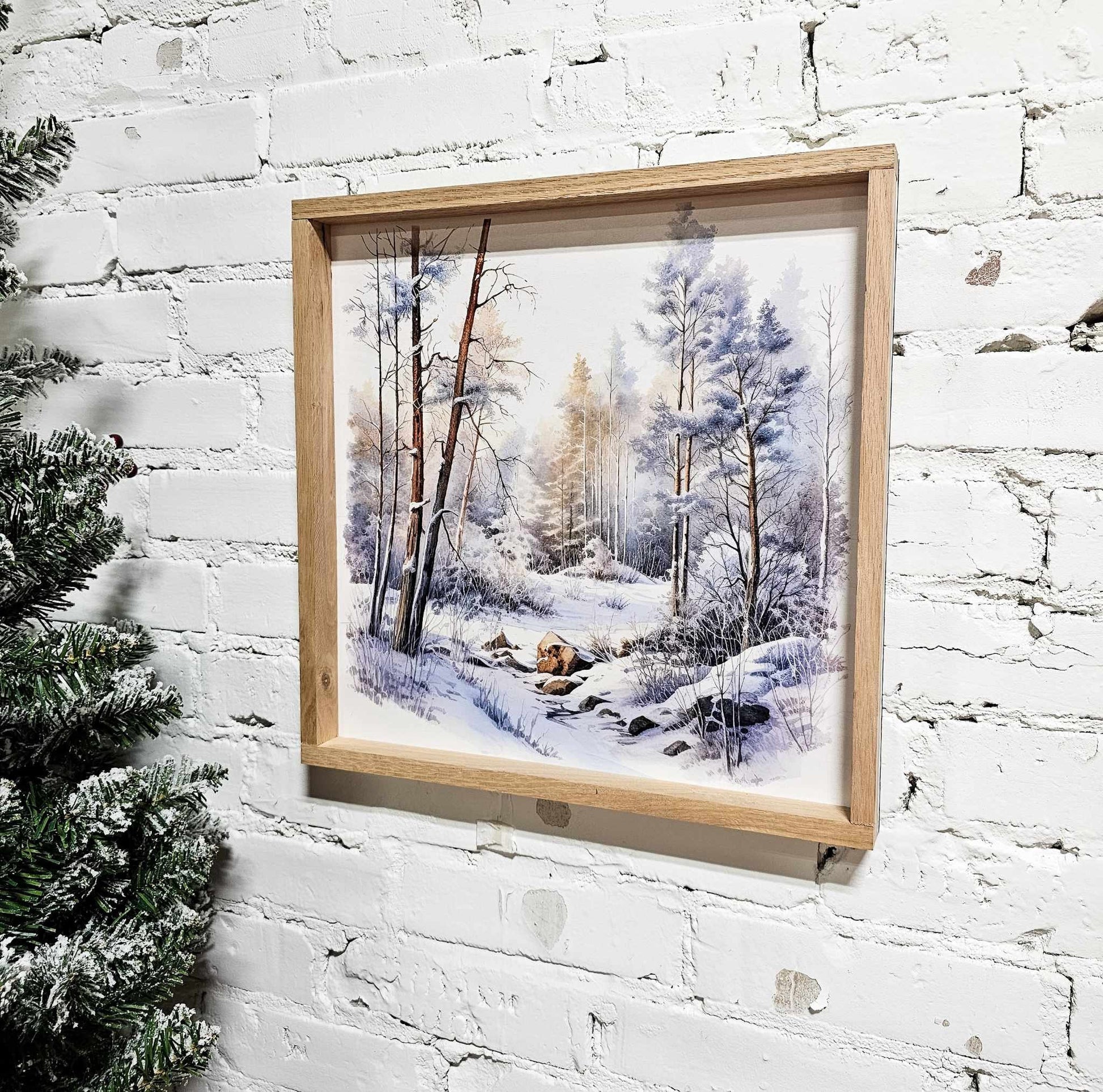 Winter Snowy Landscape Wall Art Hanging Sign, Snow Covered Trees, Trail, & Creek, Framed Canvas Wood Sign, Blue, Simple Minimal, Peaceful