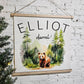 custom nursery name sign banner, wall art hanging decor, framed, rope to hang, light weight, woodland animal scene with trees, first & middle name, white background