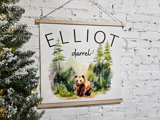 custom nursery name sign banner, wall art hanging decor, framed, rope to hang, light weight, woodland animal scene with trees, first & middle name, white background