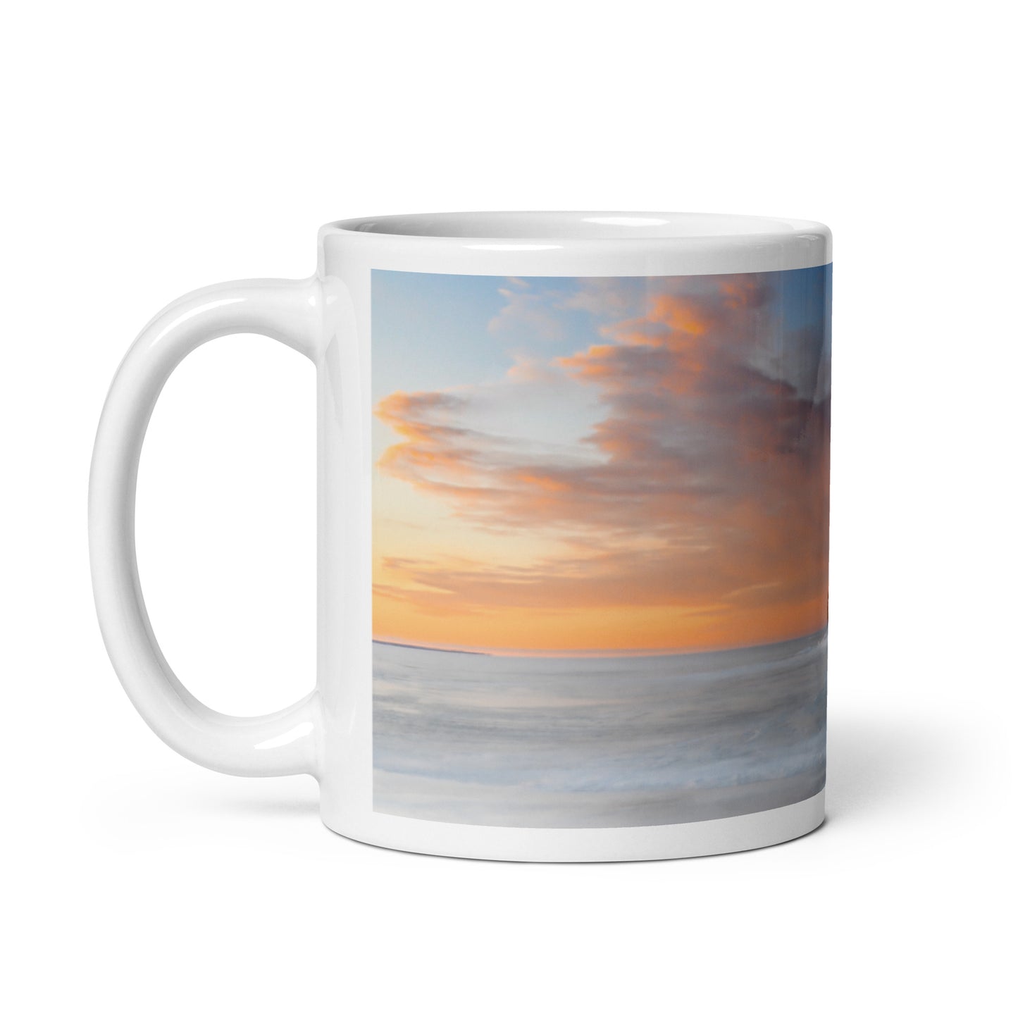 Escanaba Michigan Winter sunrise over Lake Michigan, Sand Point, Water Plant Road, Ludington Park view - Printed Mug