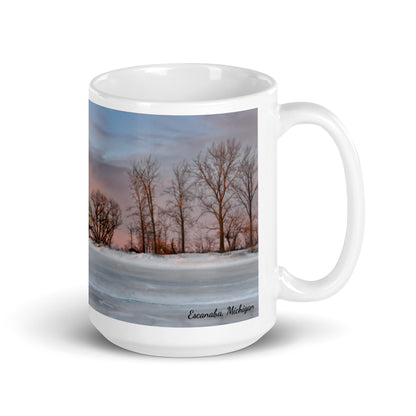 Escanaba Michigan Winter sunrise over Lake Michigan, Sand Point, Water Plant Road, Ludington Park view - Printed Mug